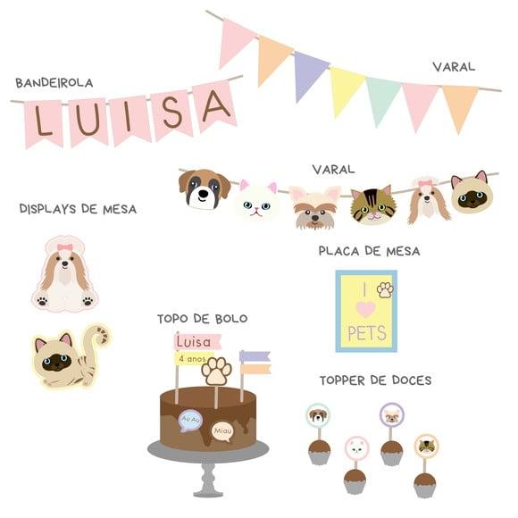 Kit Decoração de Festa - Tema Pets Cachorro e Gatos (mod 1)