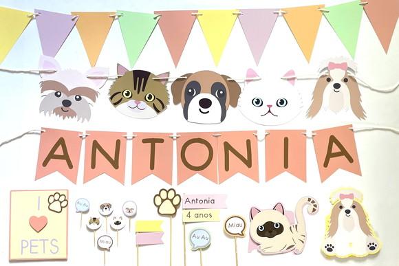 Kit Decoração de Festa - Tema Pets Cachorro e Gatos (mod 1)