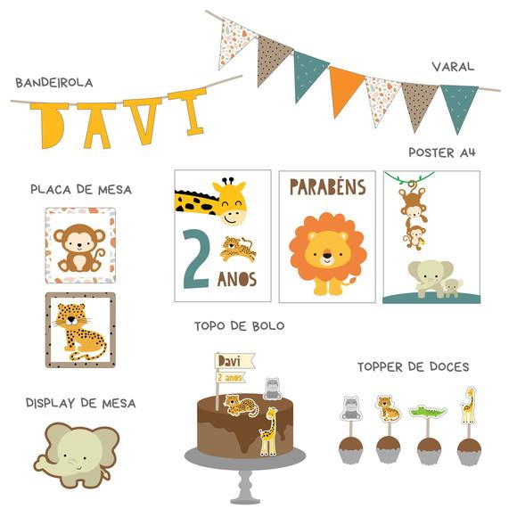 Kit Decoração Papelaria - Festa Animais, Zoo, Safari