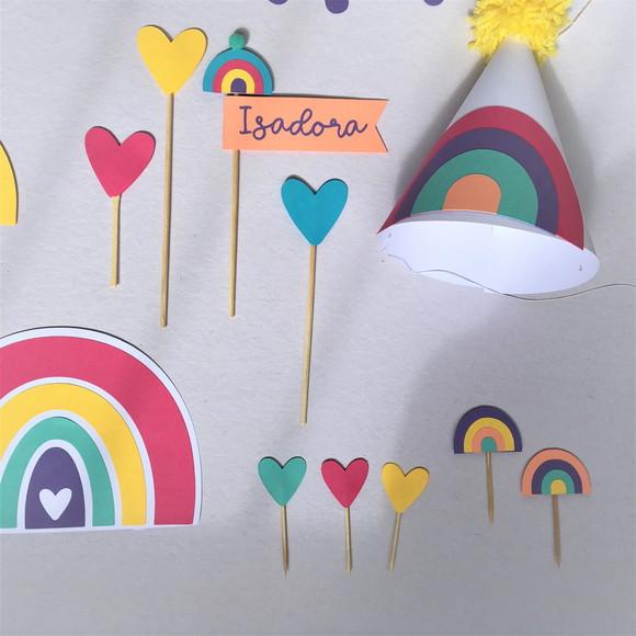 Kit Festa Papelaria - Arco-iris e Coração Boho (mod 4)