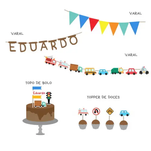 Kit Decoração - Festa Carrinhos Meios de Transporte Mini