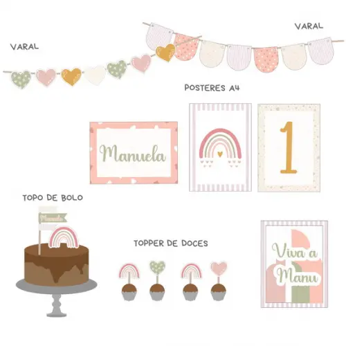 Kit Decoração - Papelaria Arco-íris e Coração Boho