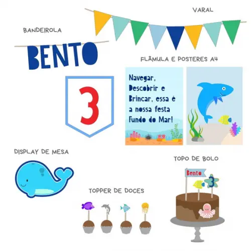 Kit Decoração - Papelaria Festa Fundo do Mar