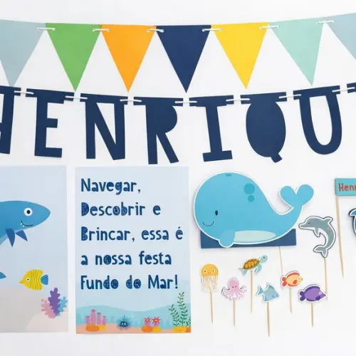 Kit Decoração - Papelaria Festa Fundo do Mar
