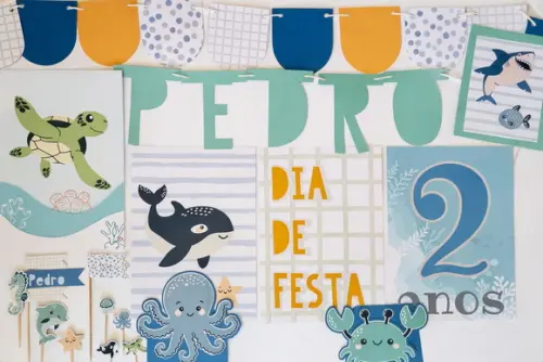 Kit Decoração - Papelaria Festa Fundo do Mar