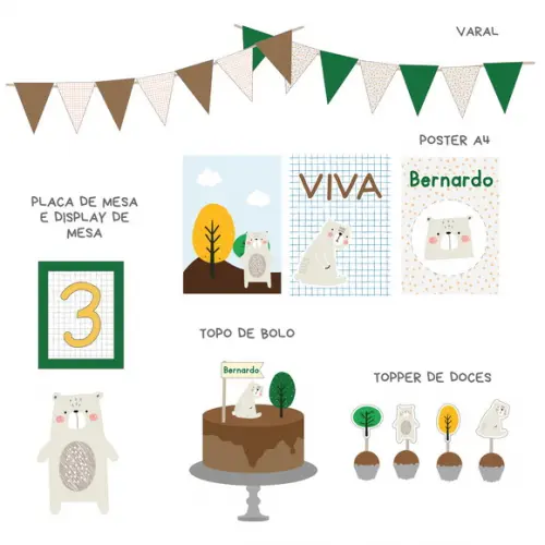 Kit Decoração - Papelaria Festa Urso Escandinavo