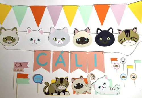 Kit Decoração de Festa - Papelaria Gatos Gatinhos (mod 2)