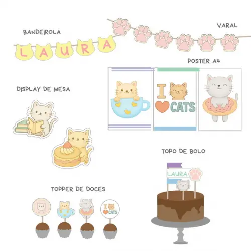 Kit Decoração de Festa - Papelaria Gatos Gatinhos (mod 10)