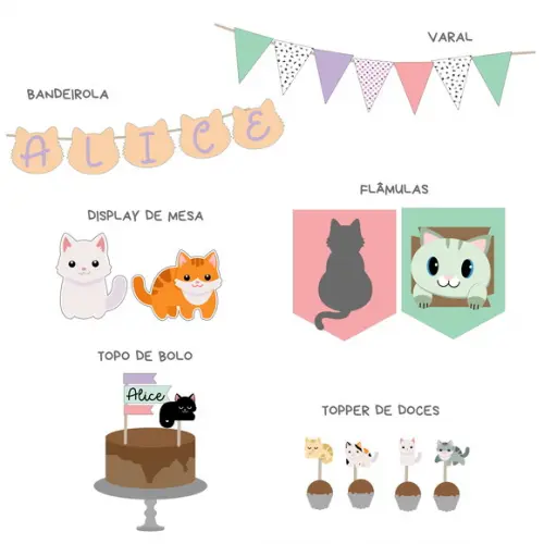 Kit Decoração de Festa - Papelaria Gatos Gatinhos (mod 4)