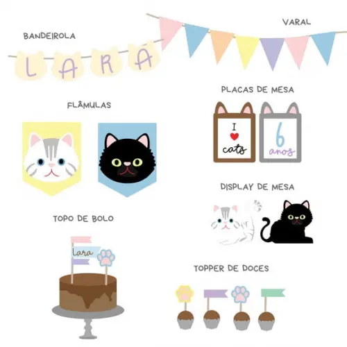 Kit Decoração de Festa - Papelaria Gatos Gatinhos (mod 5)