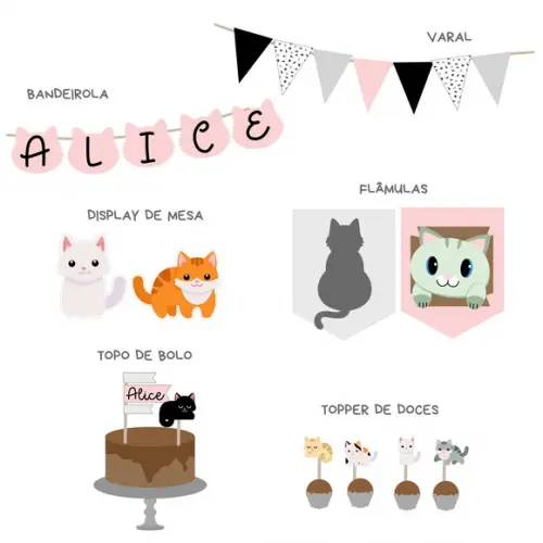 Kit Decoração de Festa - Papelaria Gatos Gatinhos (mod 3)
