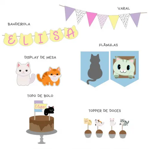 Kit Decoração de Festa - Papelaria Gatos Gatinhos (mod 4)