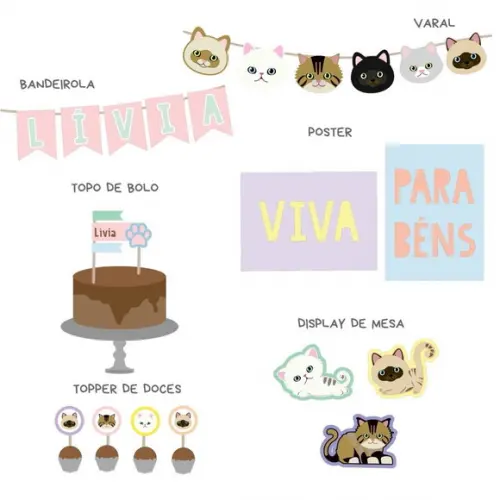 Kit Decoração de Festa - Papelaria Gatos Gatinhos (mod 9)