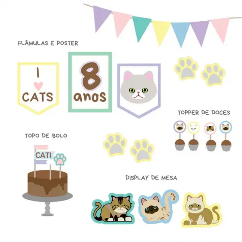 Kit Decoração de Festa - Papelaria Gatos Gatinhos (mod 8)