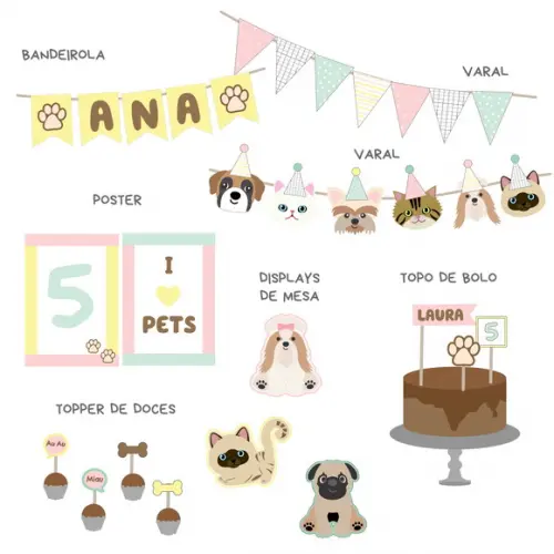 Kit Decoração de Festa - Tema Pets Cachorro e Gatos
