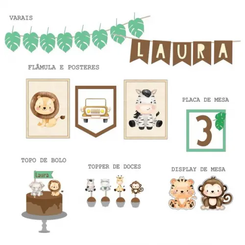 Kit Decoração de Parede e Mesa - Festa Safari Aquarelado