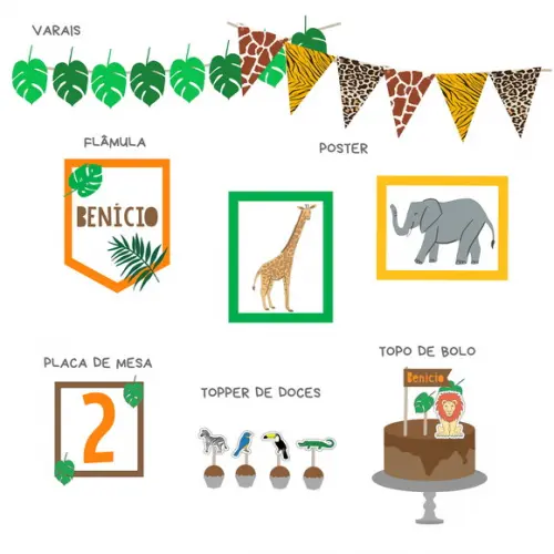 Kit Decoração de Parede e Mesa - Festa Animais, Zoo, Safari