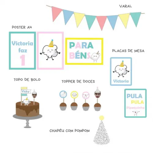 Kit Decoração Festa - Papelaria Pipoca Pipoquinha Pula Pula