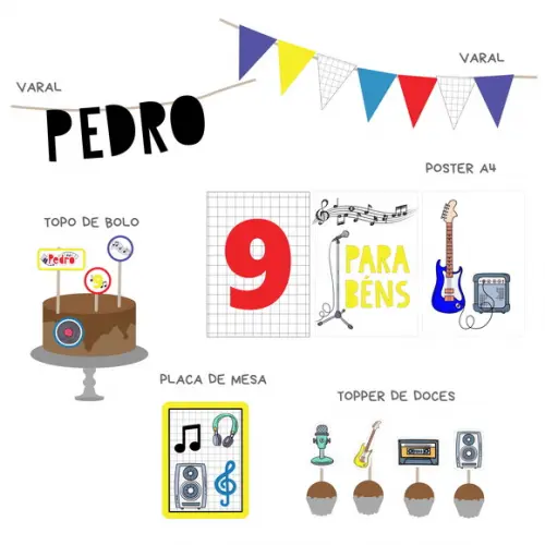 Kit Decoração de Parede e Mesa - Tema Música Rock (mod 4)