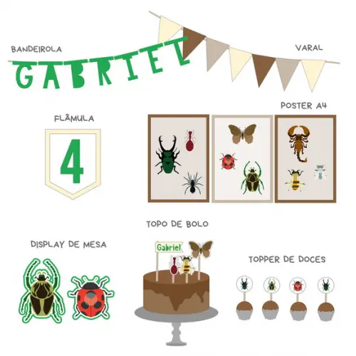 Kit Decoração Papelaria Festa Insetos