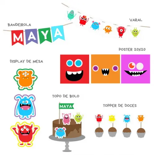 Kit Festa - Papelaria Decoração Monstros - Monstrinhos