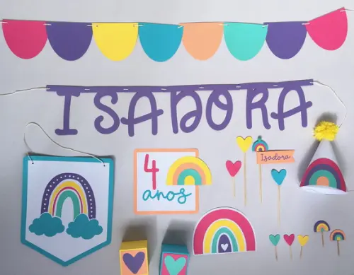 Kit Festa Papelaria - Arco-iris e Coração Boho (mod 4)