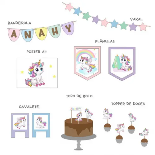 Kit Festa Papelaria - Decoração Unicórnio
