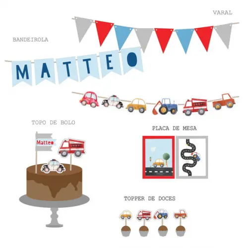 Kit Papelaria - Festa Carrinhos Aquarela