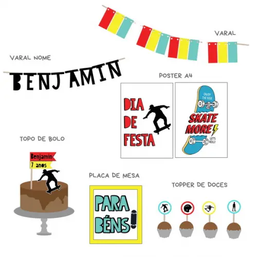 Kit Papelaria - Festa Esportes Radicais Skate e Skatista