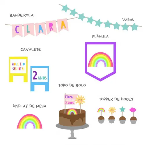 Kit Papelaria - Festa Sol e Arco-iris Fofo