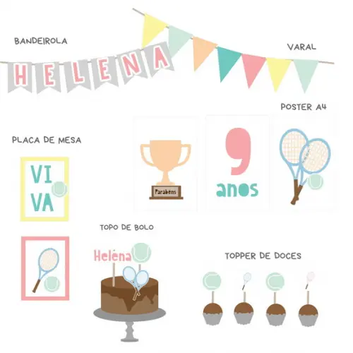 Kit Papelaria - Festa Tenis, Tenista e Esportes
