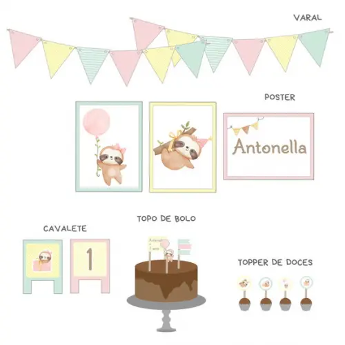 Papelaria de Festa - Decoração Bicho Preguiça