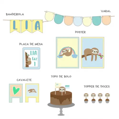 Papelaria de Festa - Decoração Bicho Preguiça