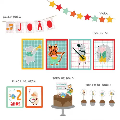 Papelaria para Festa - Decoração Animais Musicais (mod 3)