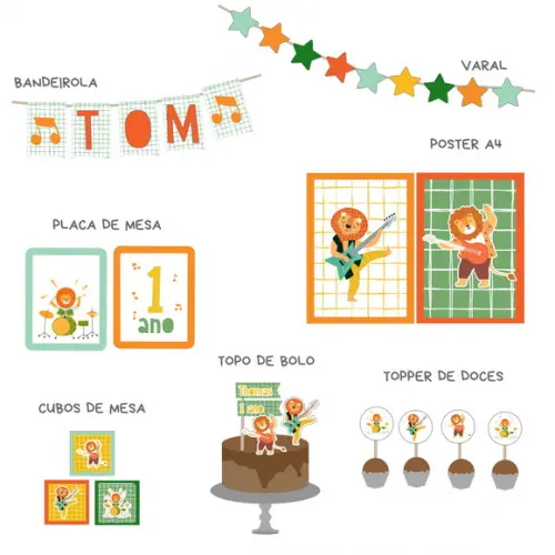 Papelaria para Festa - Decoração Leão - Animais Musicais