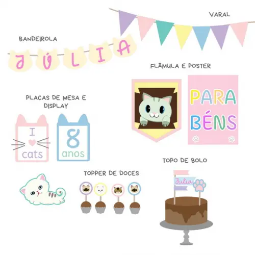 Papelaria para Festa - Kit Gatinhos