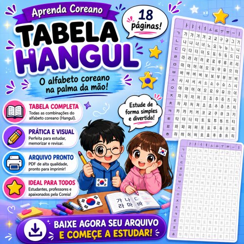 Tabela Alfabeto Coreano Hangul - Arquivo para Impressão