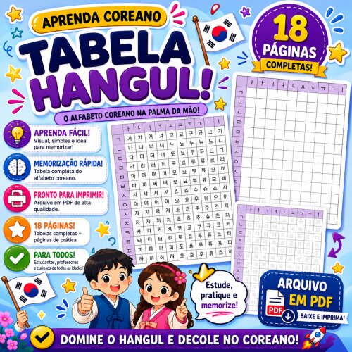 Tabela Alfabeto Coreano Hangul - Arquivo para Impressão
