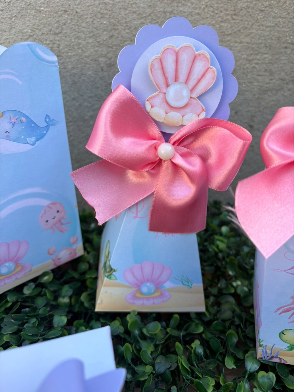 Kit 20 Caixinhas Personalizadas Fundo do mar Azul e Rosa ( 4 de c