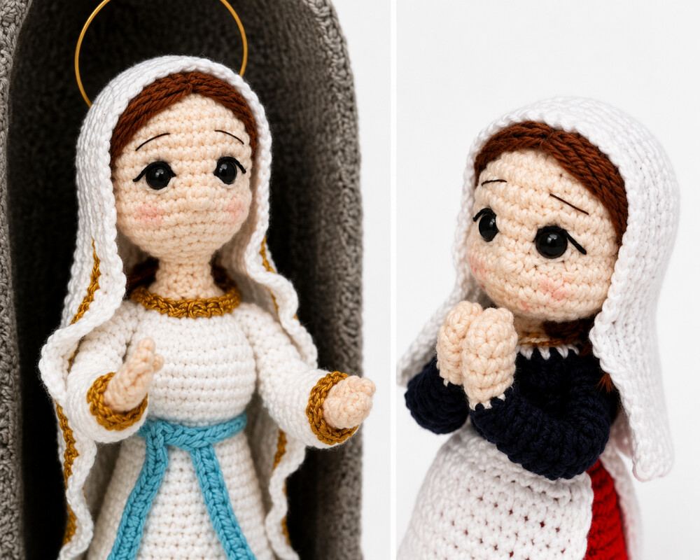 Nossa Senhora de Lourdes e Santa Bernadete em Amigurumi | Oratór