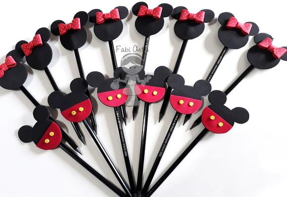 Kit 14 Mickey e 14 Minnie Ponteiras Lápis c Borracha Embalag