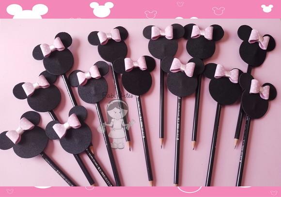 Kit Mickey e Minnie Rosa 12 Ponteiras Lápis e Tag