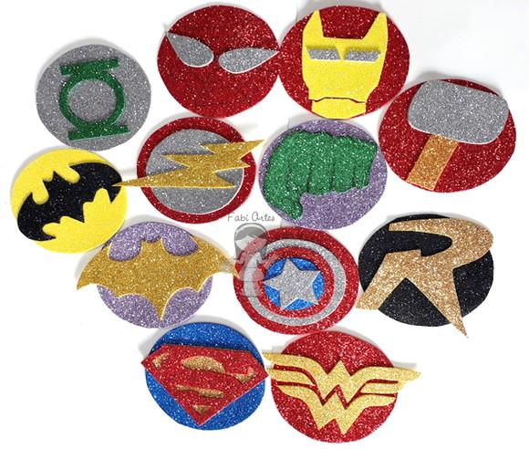 Símbolos Super Heróis de Eva com Glitter 10 cm