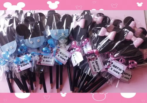 Kit Mickey e Minnie Rosa 12 Ponteiras Lápis e Tag