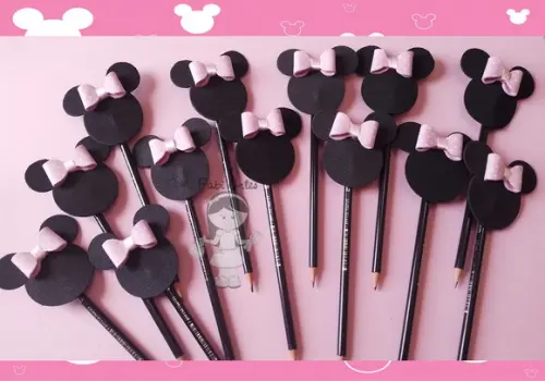 Kit Mickey e Minnie Rosa 12 Ponteiras Lápis e Tag