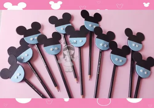 Kit Mickey e Minnie Rosa 12 Ponteiras Lápis e Tag