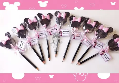 Kit Mickey e Minnie Rosa 12 Ponteiras Lápis e Tag