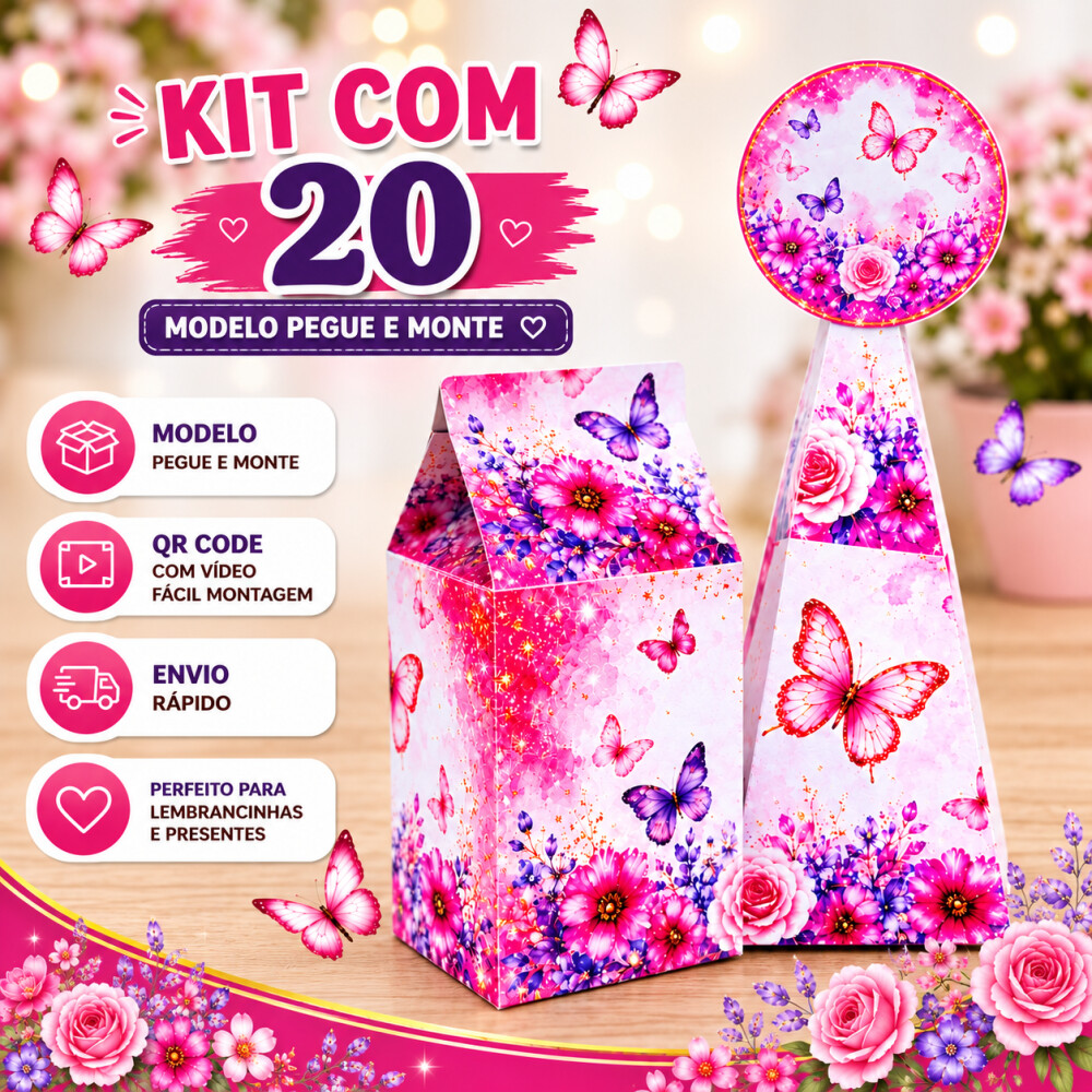 Kit Caixa Milk + Caixa Pirâmide Jardim Das Borboletas | Lembranc
