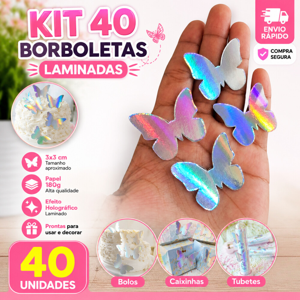 40 Borboletas Holográficas Laminadas 3x3cm Decoração Festa Inf