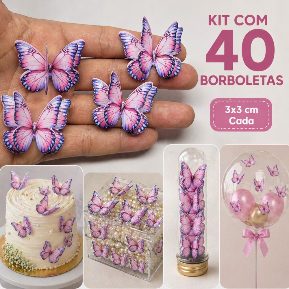 Aplique 40 Borboletas 3D Duplas Para Decoração De Festa